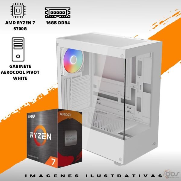 PC AMD RYZEN 7 5700G RAM 16GB RGB SSD 480GB GABINETE PIVOT WHITE FUENTE 450W 80+